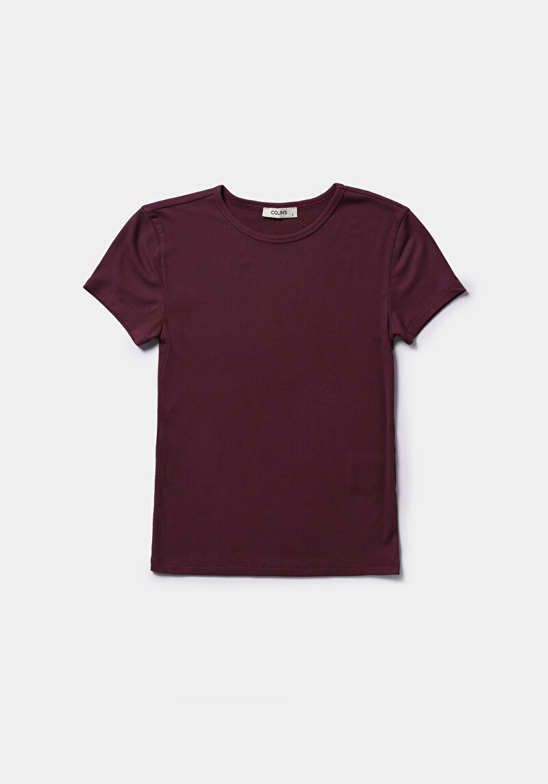 Slim Fit Yuvarlak Yaka Düz Kadın Mor Kısa Kol Tişört