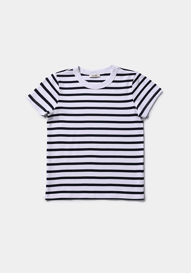 Slim Fit Yuvarlak Yaka Çizgili Kadın Lacivert Kısa Kol Tişört