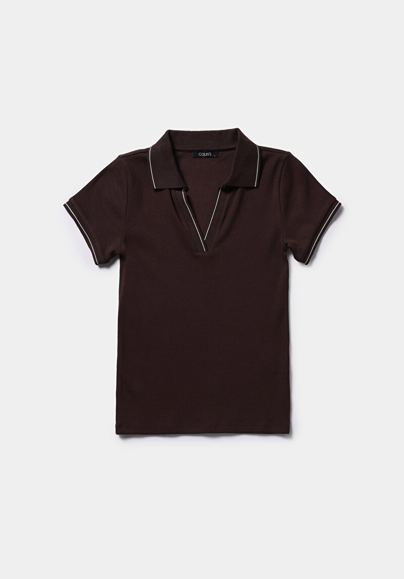 Slim Fit Polo Yaka Düz Kadın Kahverengi Kısa Kol Tişört