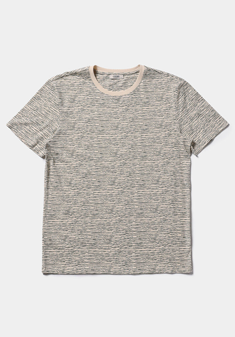Regular Fit Yuvarlak Yaka Baskılı Erkek Bej Kısa Kol Tişört