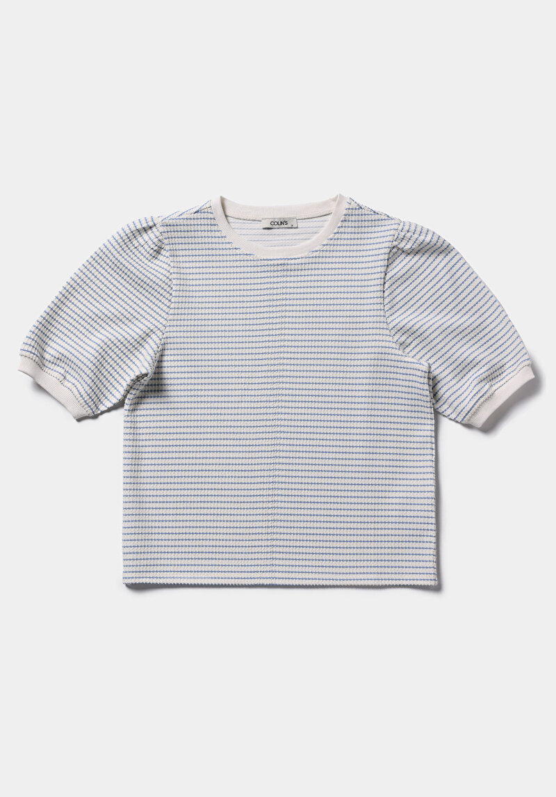 Slim Fit Yuvarlak Yaka Çizgili Kadın Mavi Kısa Kol Tişört