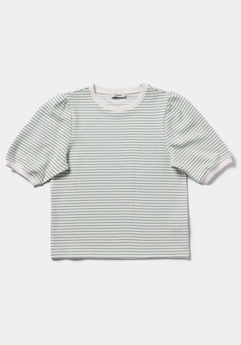 Slim Fit Yuvarlak Yaka Çizgili Kadın Yeşil Kısa Kol Tişört