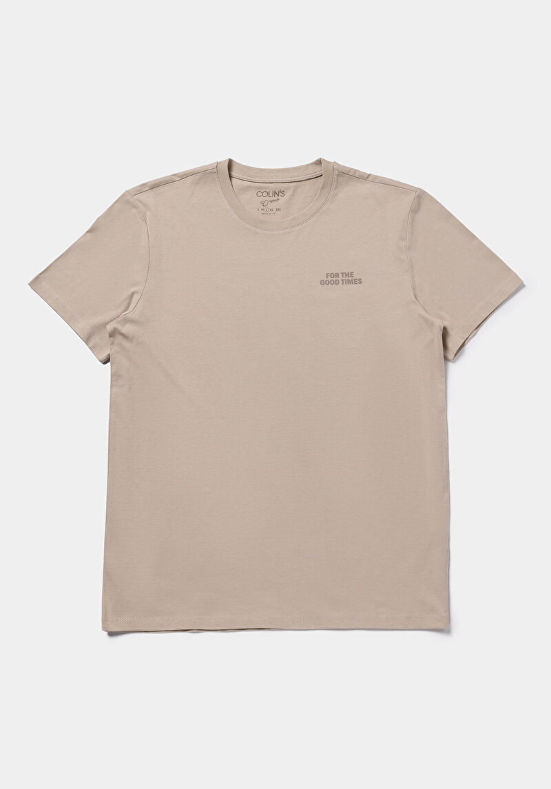Regular Fit Yuvarlak Yaka Düz Erkek Bej Kısa Kol Tişört