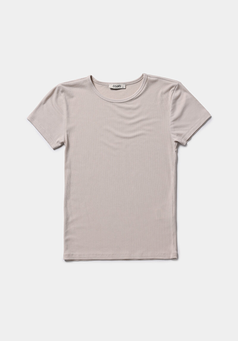 Slim Fit Yuvarlak Yaka Düz Kadın Taş Kısa Kol Tişört