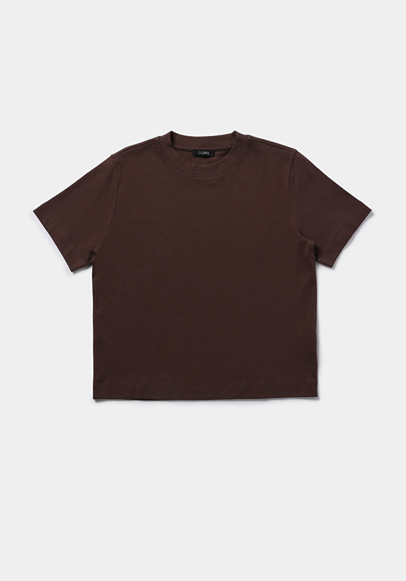 Boxy Fit Yuvarlak Yaka Düz Kadın Kahverengi Kısa Kol Tişört