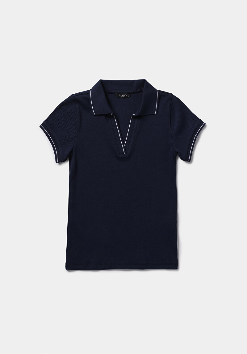 Slim Fit Polo Yaka Düz Kadın Lacivert Kısa Kol Tişört