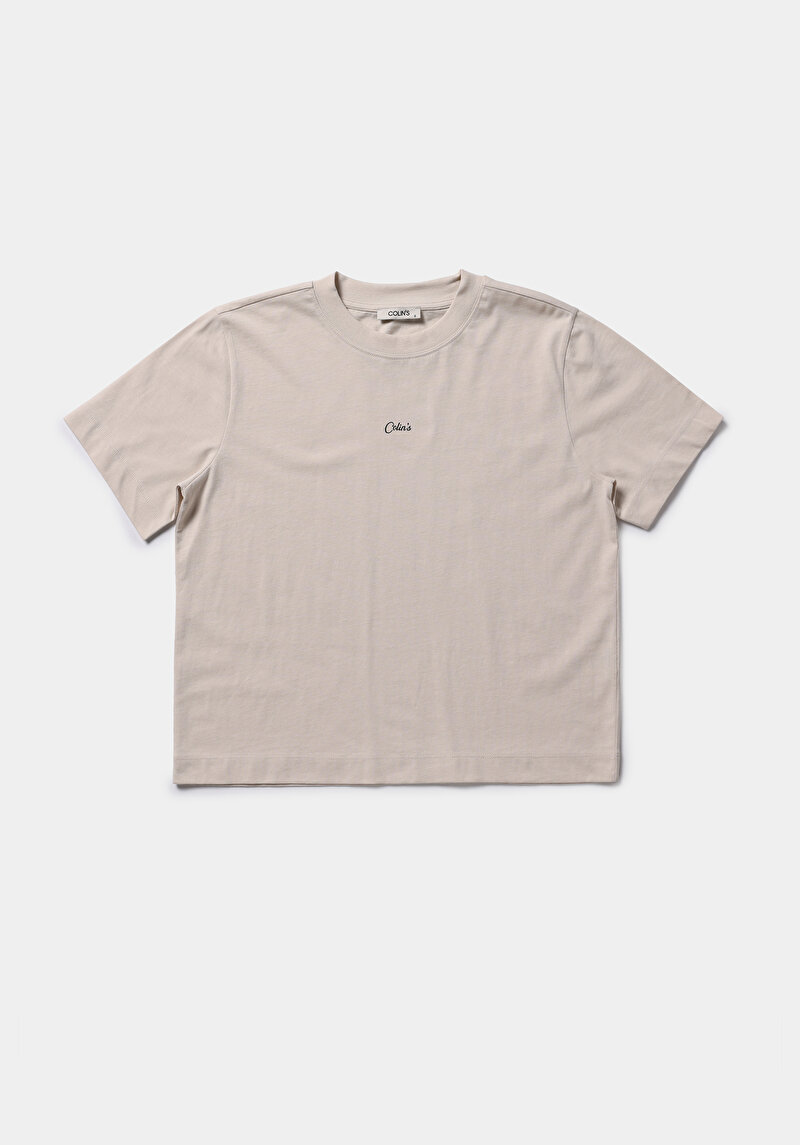 Boxy Fit Yuvarlak Yaka Baskılı Kadın Bej Kısa Kol Tişört