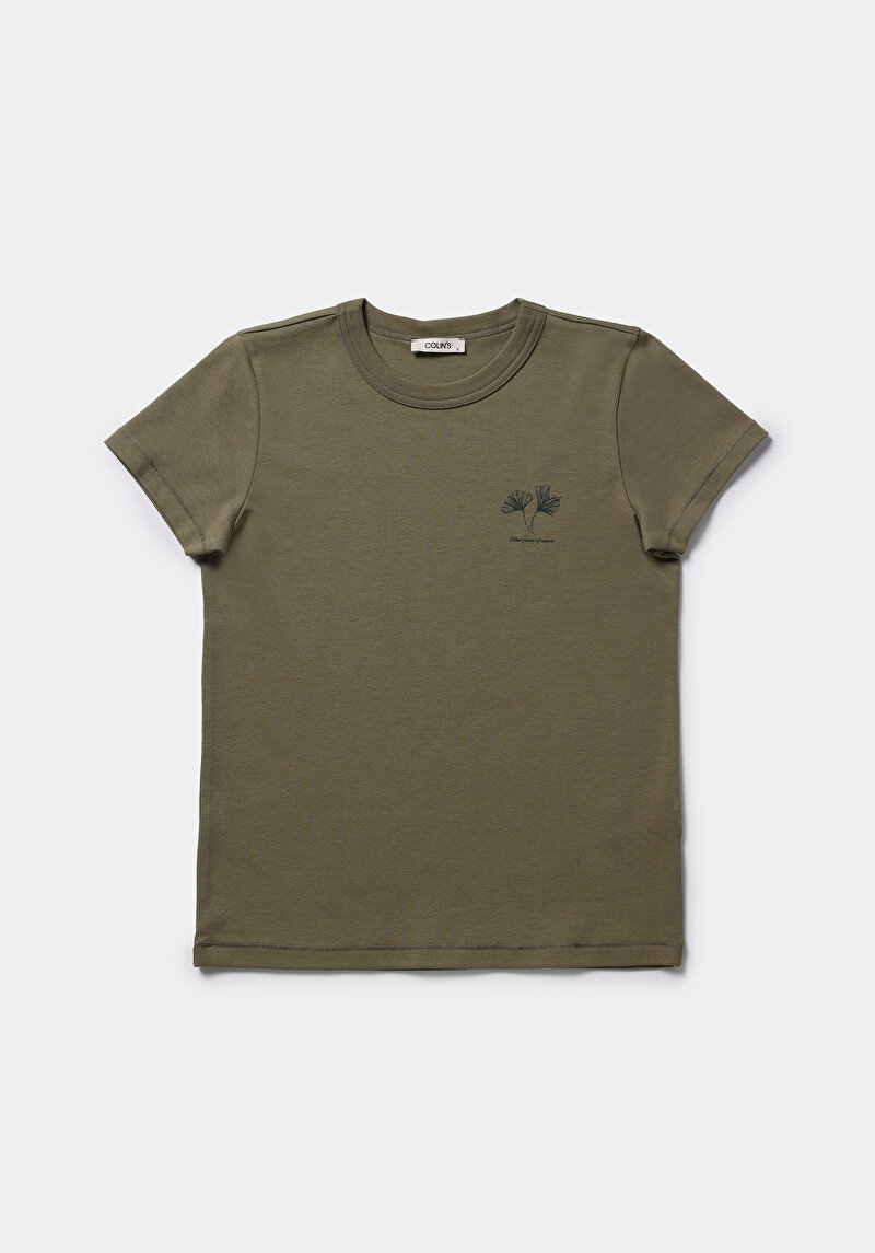 Slim Fit Yuvarlak Yaka Baskılı Kadın Yeşil Kısa Kol Tişört