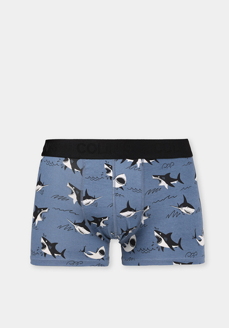 Modern Fit Baskılı Erkek Mavi Boxer