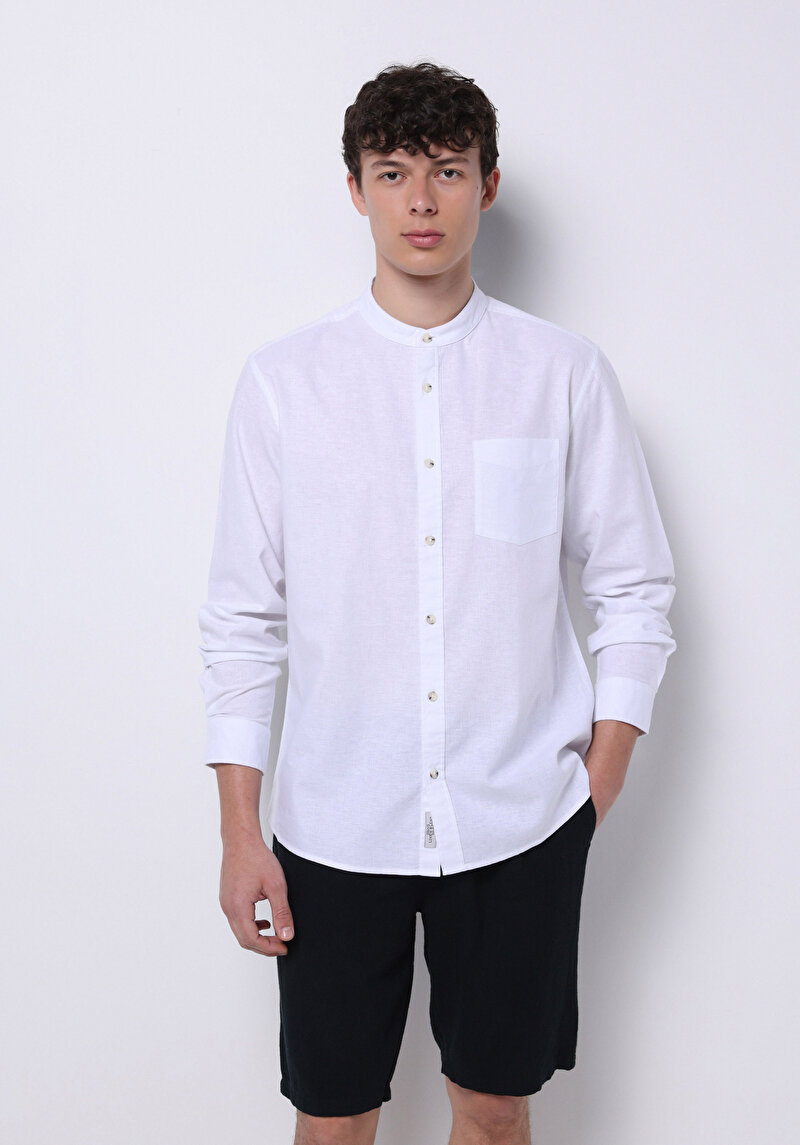 Regular Fit Hakim Yaka Düz Erkek Beyaz Uzun Kol Gömlek