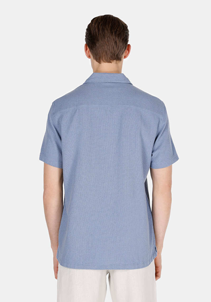 Regular Fit Shirt Neck Düz Erkek Mavi Kısa Kol Gömlek