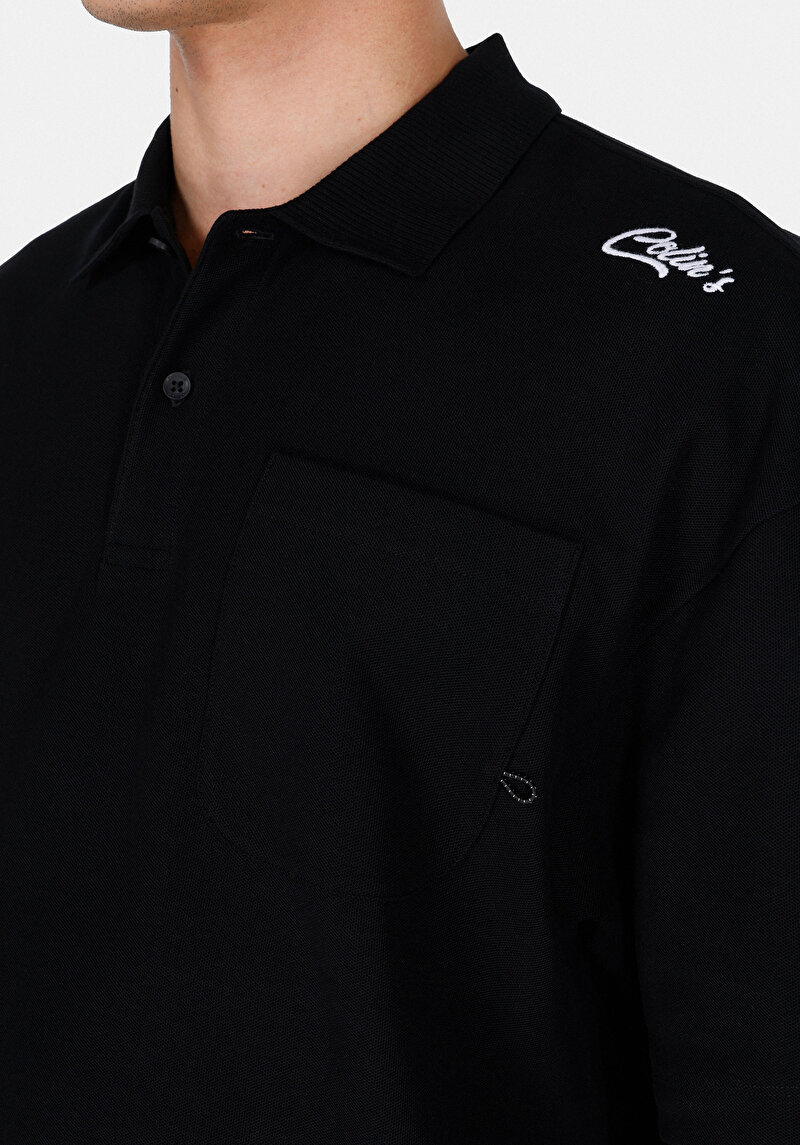 Oversize Fit Polo Yaka Düz Erkek Siyah Kısa Kol Tişört