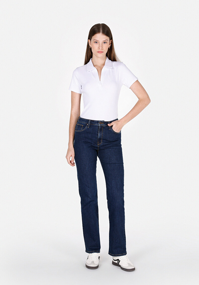 Slim Fit Polo Yaka Düz Kadın Beyaz Kısa Kol Tişört