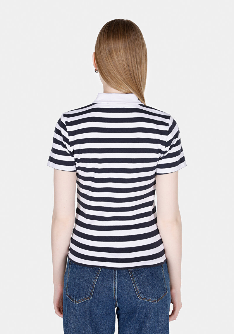Slim Fit Polo Yaka Çizgili Kadın Beyaz Kısa Kol Tişört