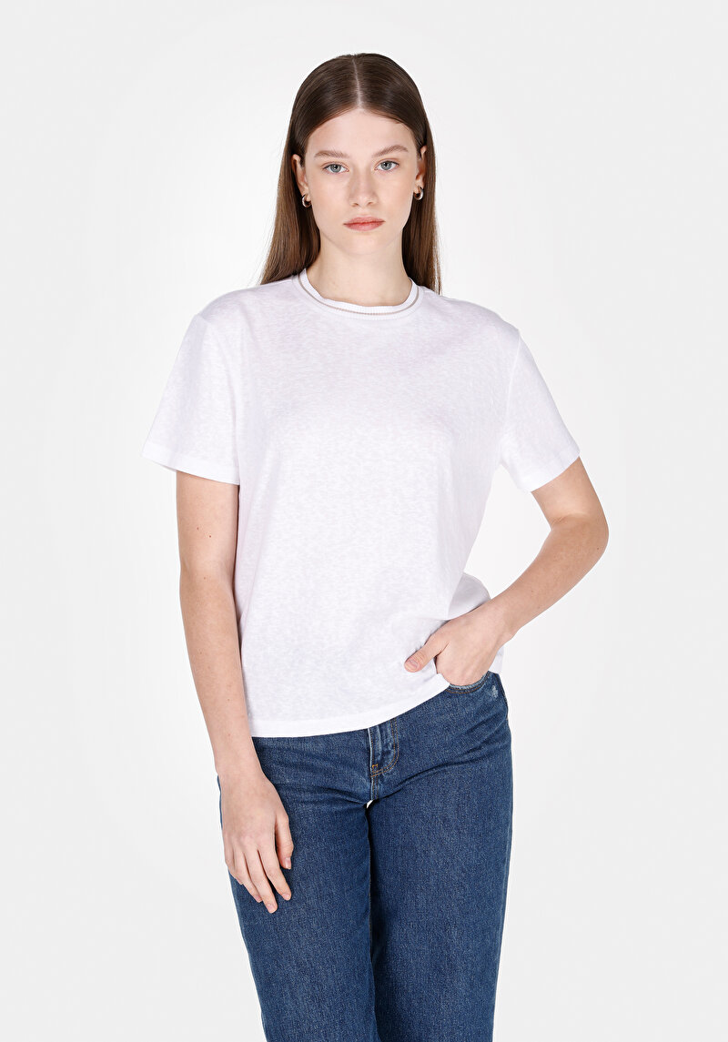 Regular Fit Yuvarlak Yaka Düz Kadın Beyaz Kısa Kol Tişört