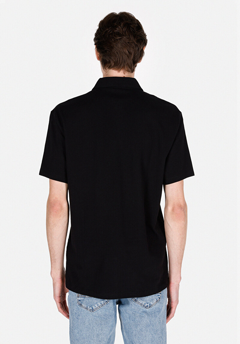 Comfort Fit Polo Yaka Düz Erkek Siyah Kısa Kol Tişört