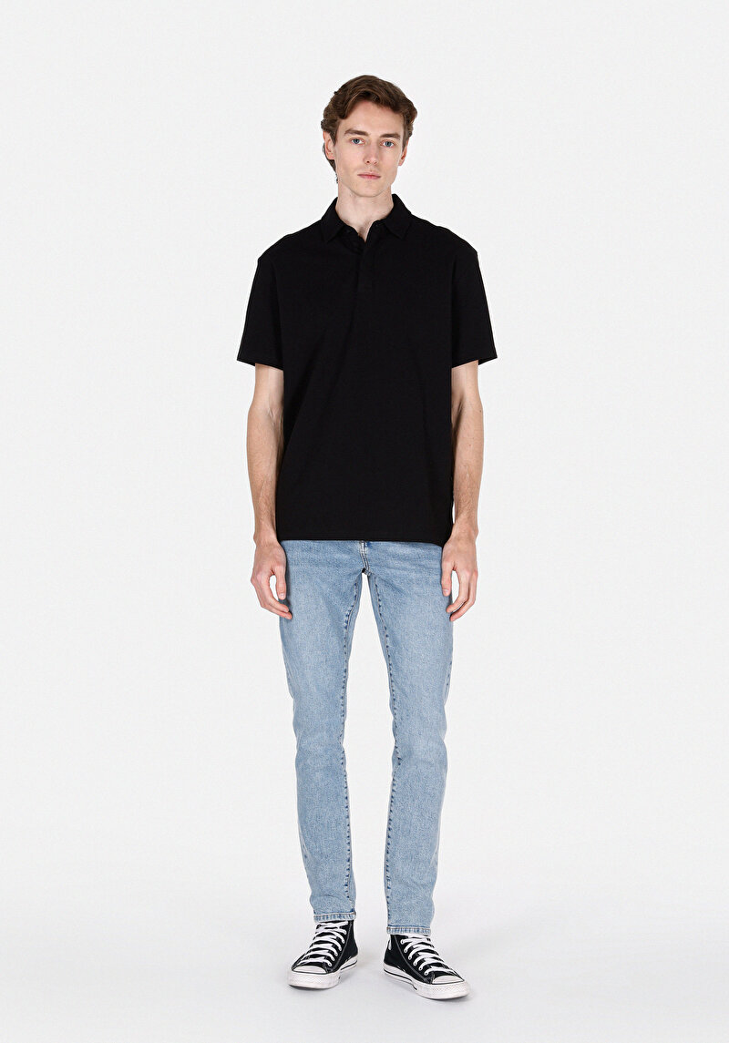 Comfort Fit Polo Yaka Düz Erkek Siyah Kısa Kol Tişört