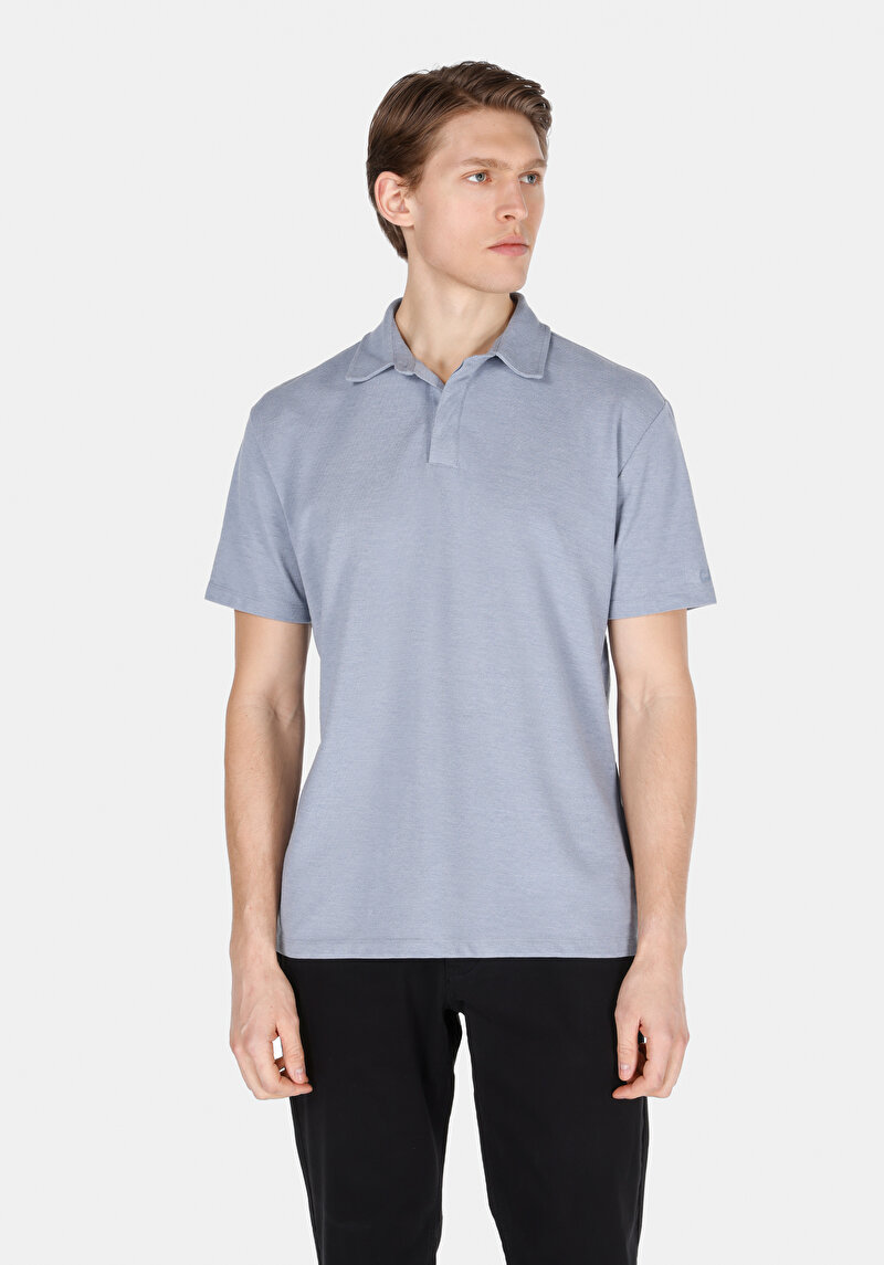 Comfort Fit Polo Yaka Düz Erkek Mavi Kısa Kol Tişört