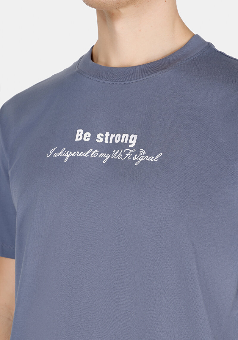 Comfort Fit Yuvarlak Yaka Düz Erkek Mavi Kısa Kol Tişört