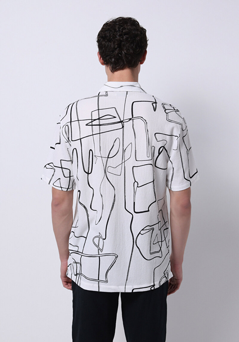 Regular Fit Shirt Neck Baskılı Erkek Siyah Kısa Kol Gömlek