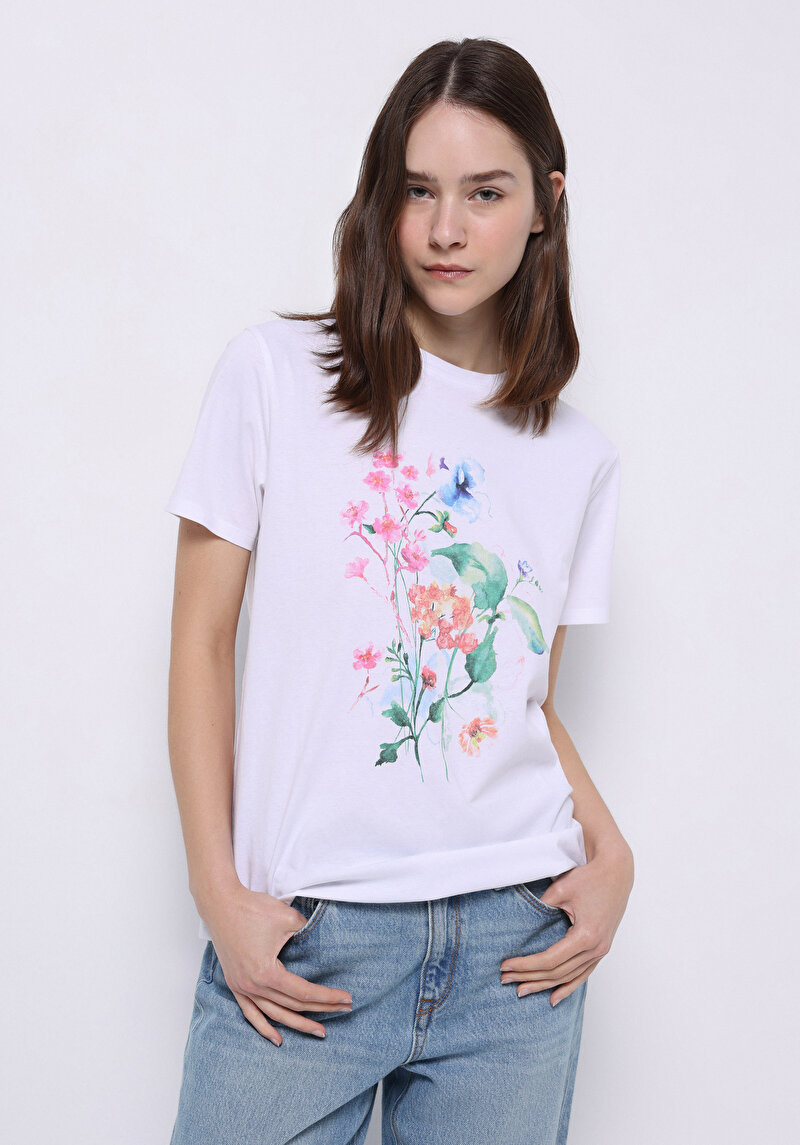 Regular Fit Yuvarlak Yaka Baskılı Kadın Beyaz Kısa Kol Tişört