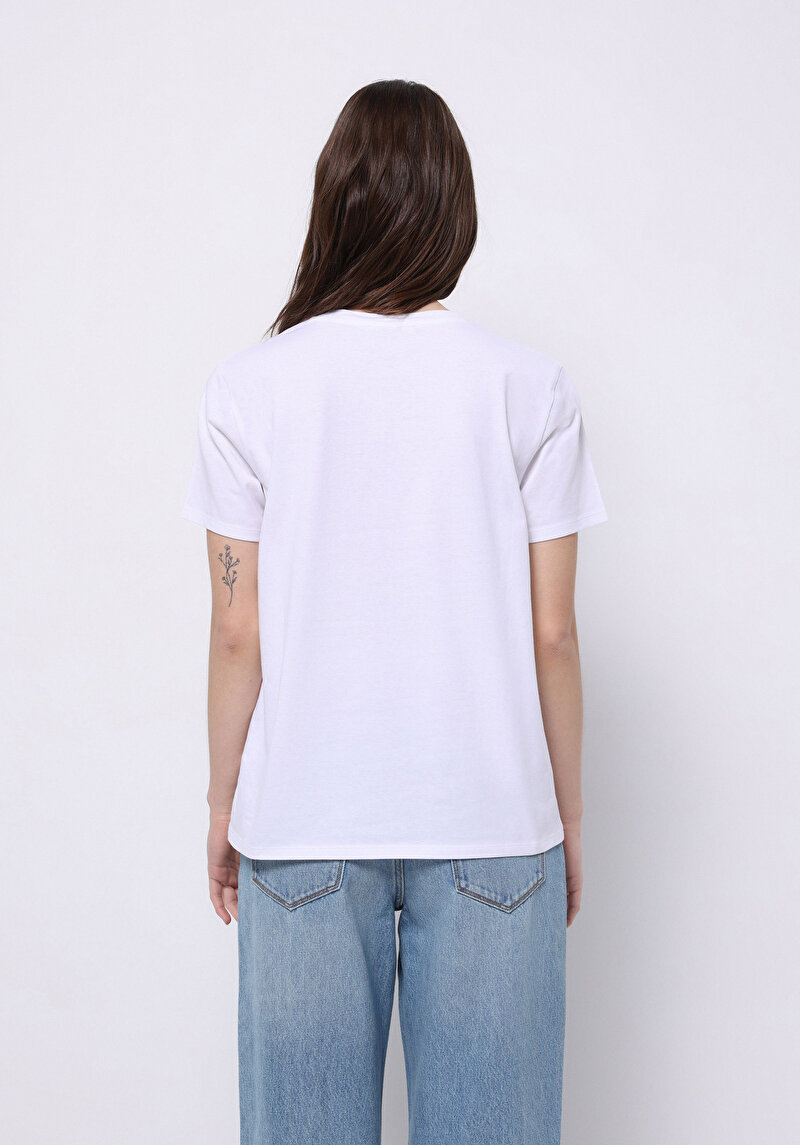 Regular Fit Yuvarlak Yaka Baskılı Kadın Beyaz Kısa Kol Tişört