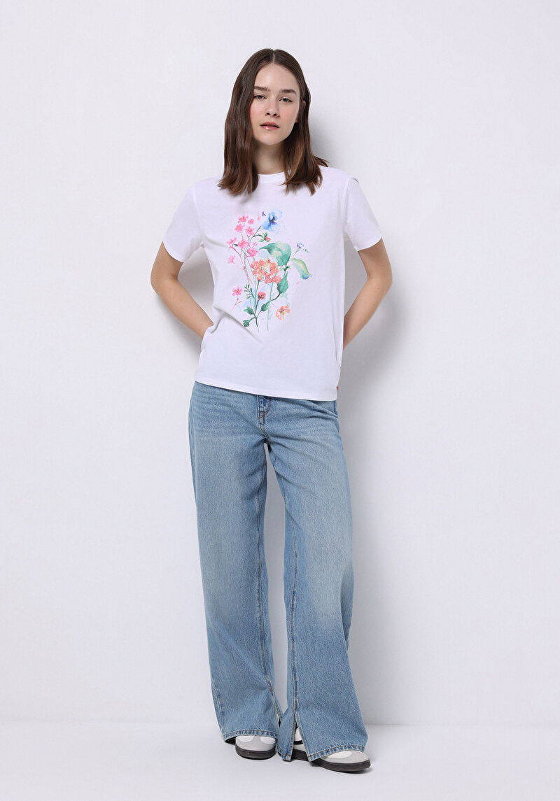 Regular Fit Yuvarlak Yaka Baskılı Kadın Beyaz Kısa Kol Tişört