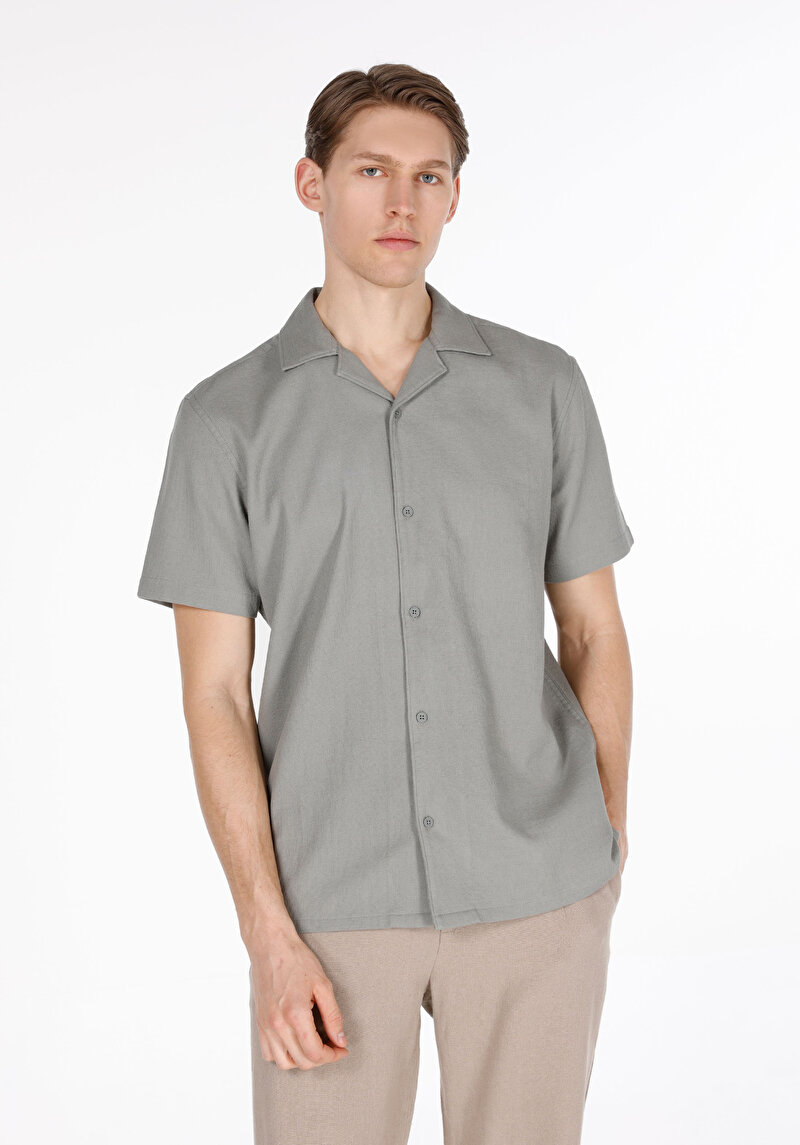 Regular Fit Shirt Neck Düz Erkek Yeşil Kısa Kol Gömlek