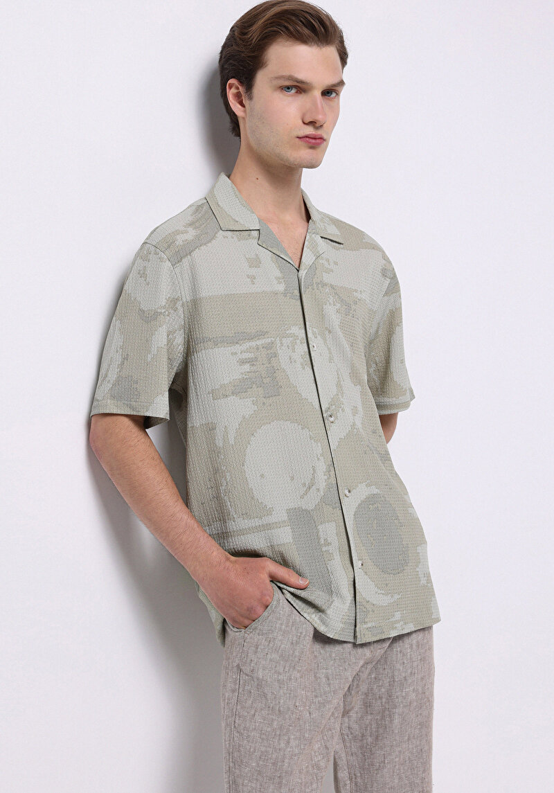 Regular Fit Shirt Neck Baskılı Erkek Yeşil Kısa Kol Gömlek