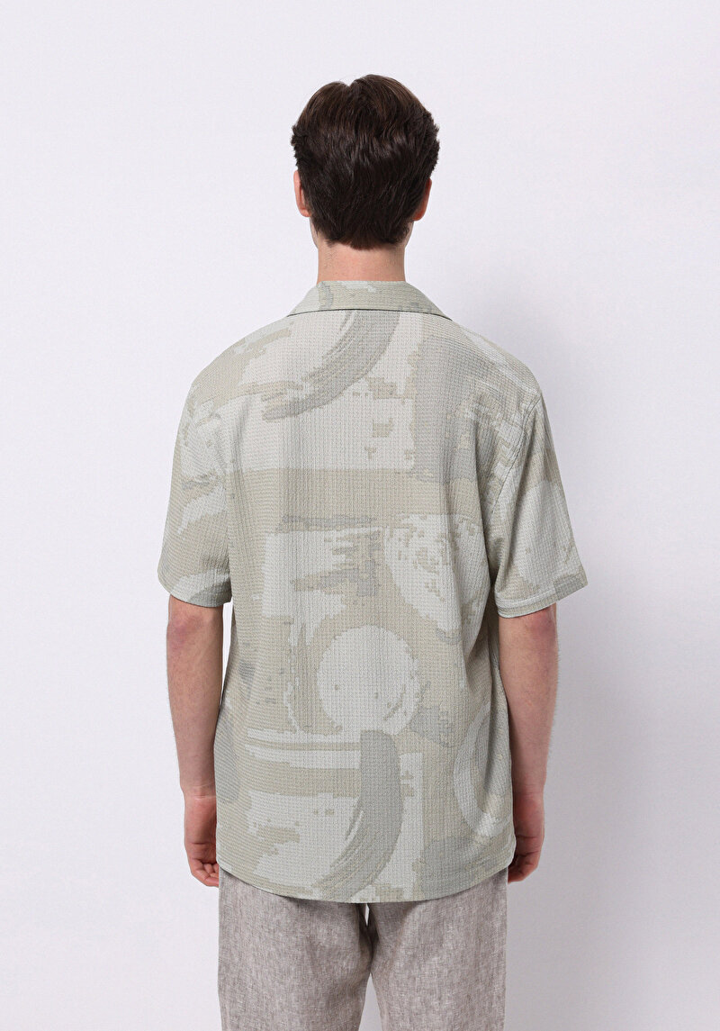 Regular Fit Shirt Neck Baskılı Erkek Yeşil Kısa Kol Gömlek