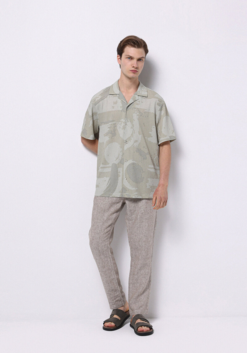 Regular Fit Shirt Neck Baskılı Erkek Yeşil Kısa Kol Gömlek