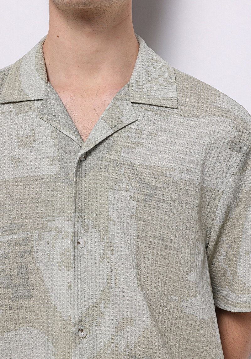 Regular Fit Shirt Neck Baskılı Erkek Yeşil Kısa Kol Gömlek