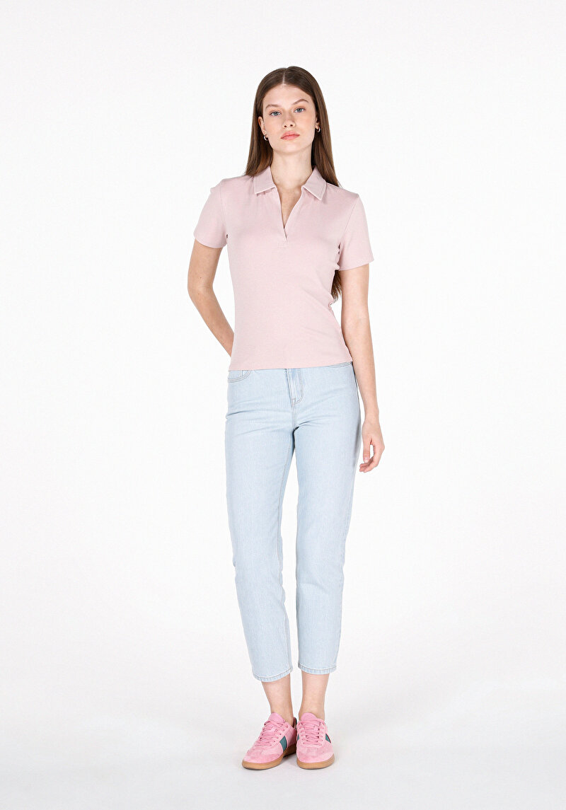 Slim Fit Polo Yaka Düz Kadın Pembe Kısa Kol Tişört