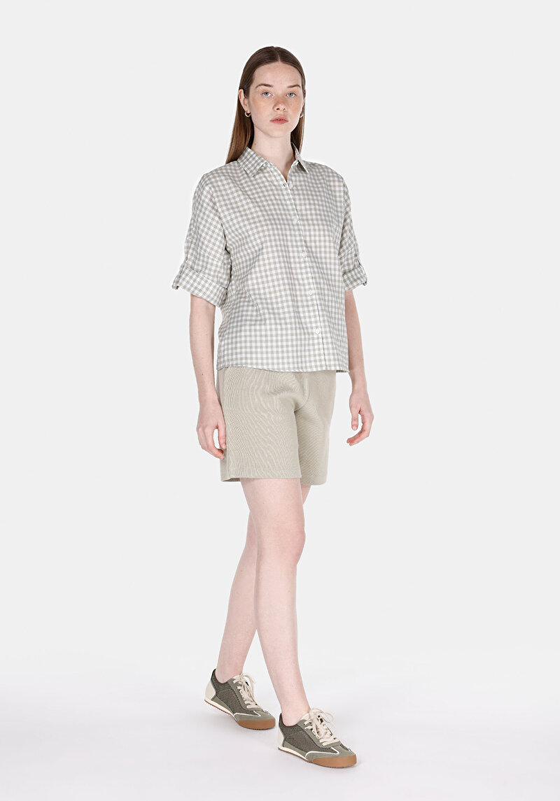 Regular Fit Orta Bel Baskılı Kadın Yeşil Şort