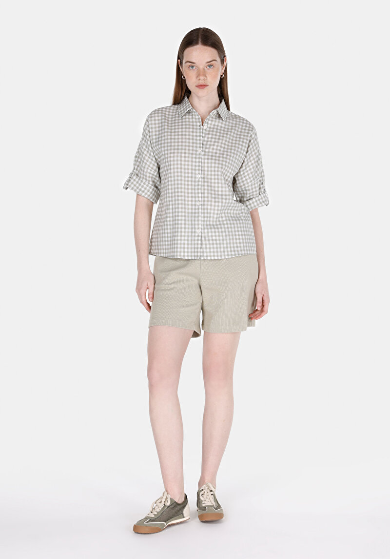 Regular Fit Orta Bel Baskılı Kadın Yeşil Şort