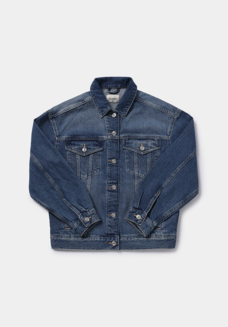 Oversize Fit Düğmeli Astarsız  Kadın Mavi Ceket