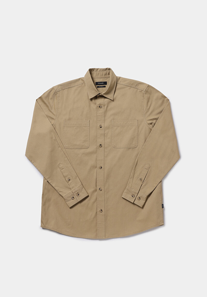 Relaxed Fit Shirt Neck Düz Erkek Kahverengi Uzun Kol Gömlek