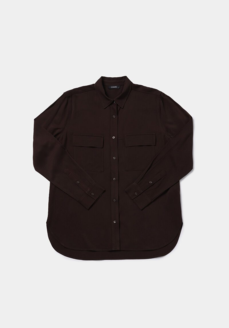 Regular Fit Shirt Neck Düz Kadın Kahverengi Uzun Kol Gömlek