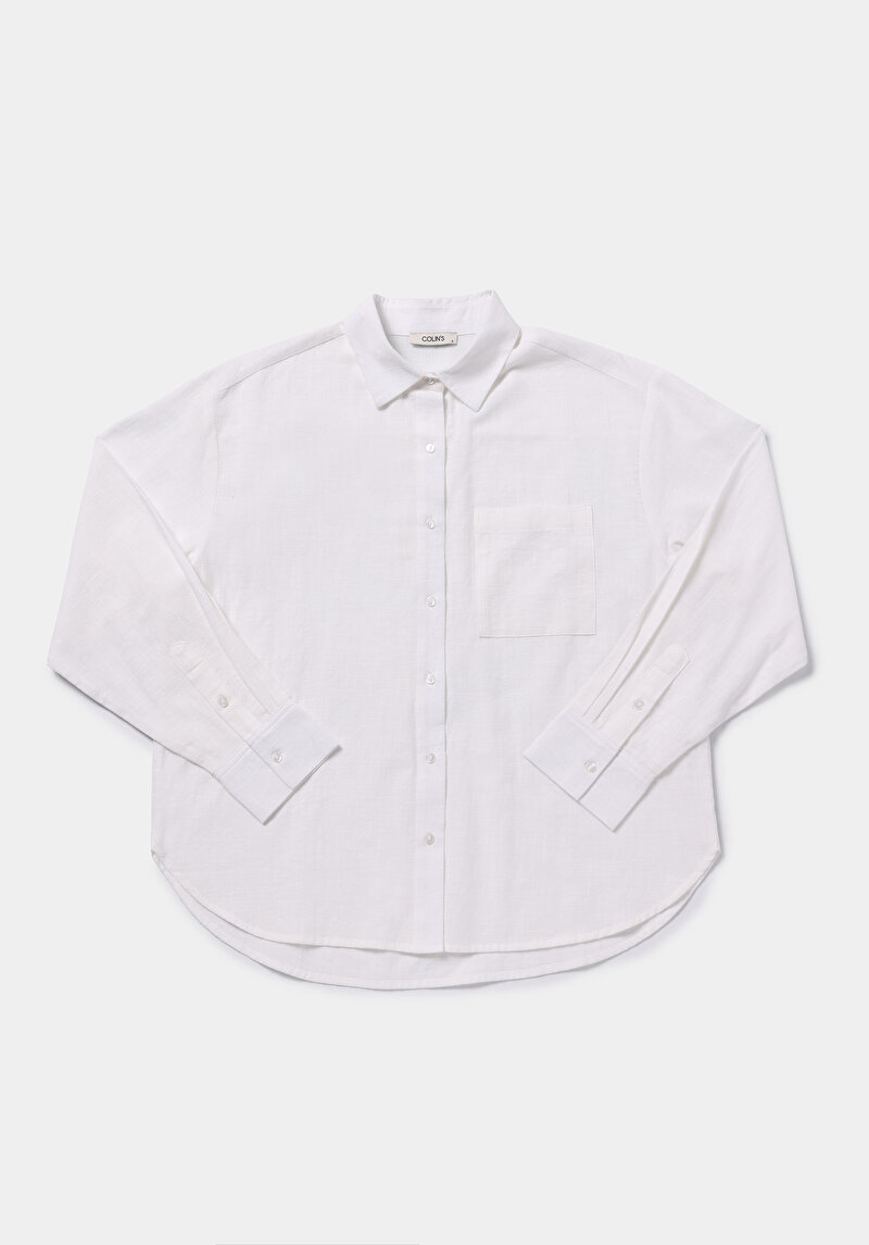 Boyfriend Fit Shirt Neck Düz Kadın Beyaz Uzun Kol Gömlek