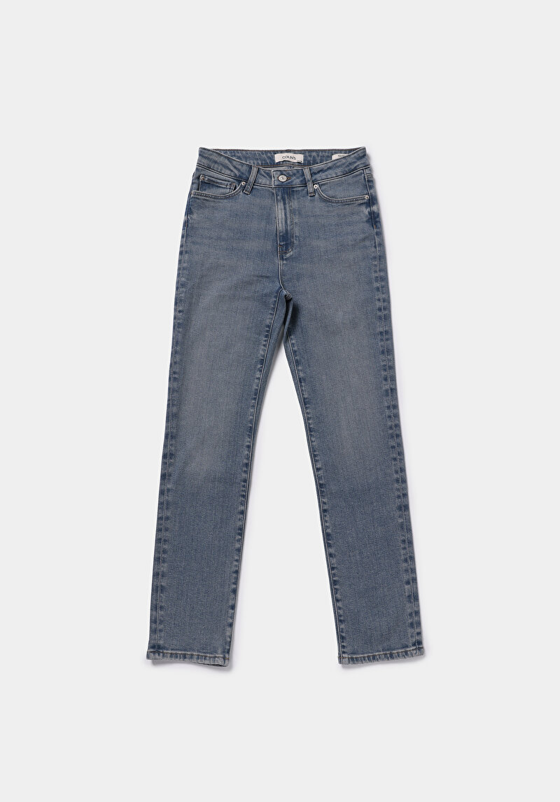 Slim Fit Orta Bel Düz Paça Kadın Mid İndigo Denim Jean Pantolon