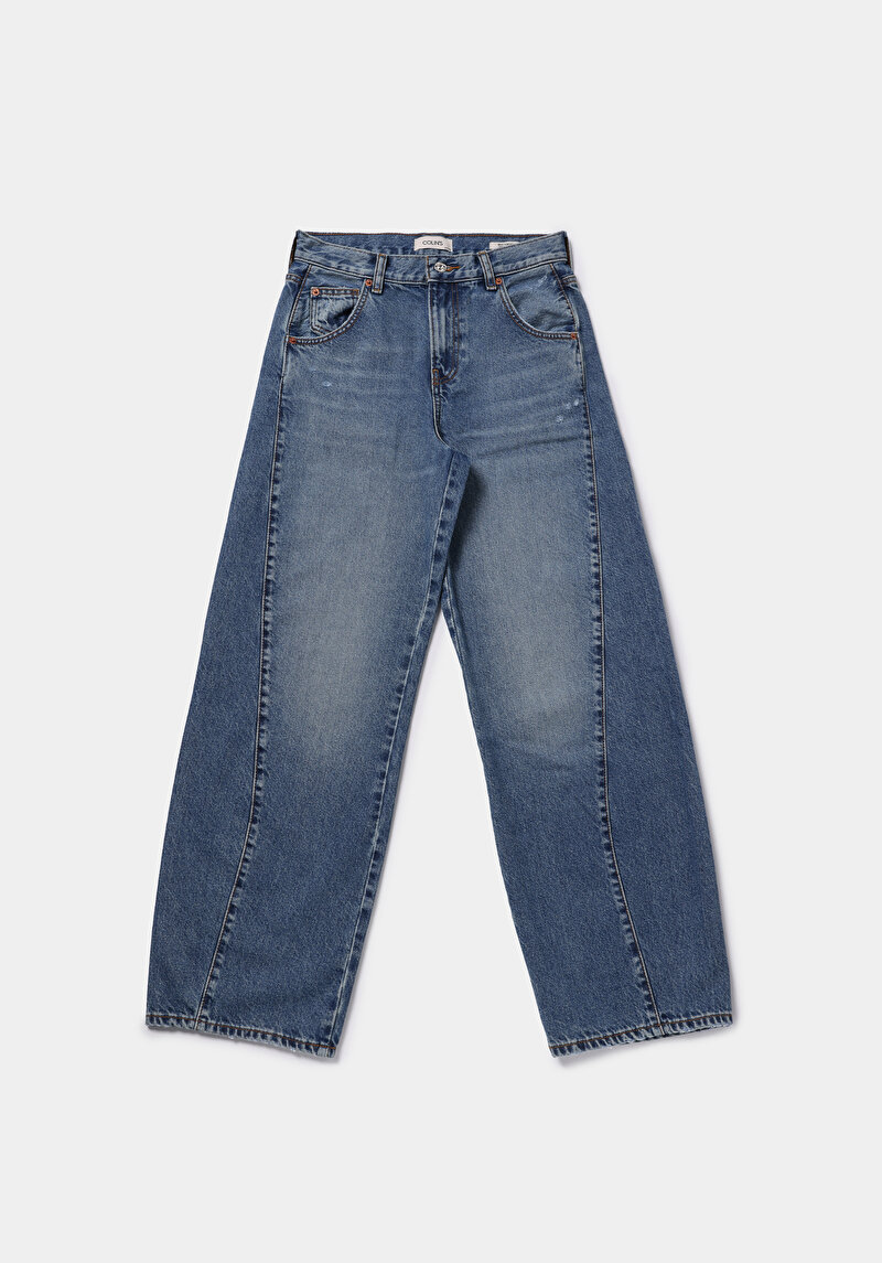 Baggy Fıt Orta Bel Daralan Paça Kadın Mid İndigo Denim Jean Pantolon