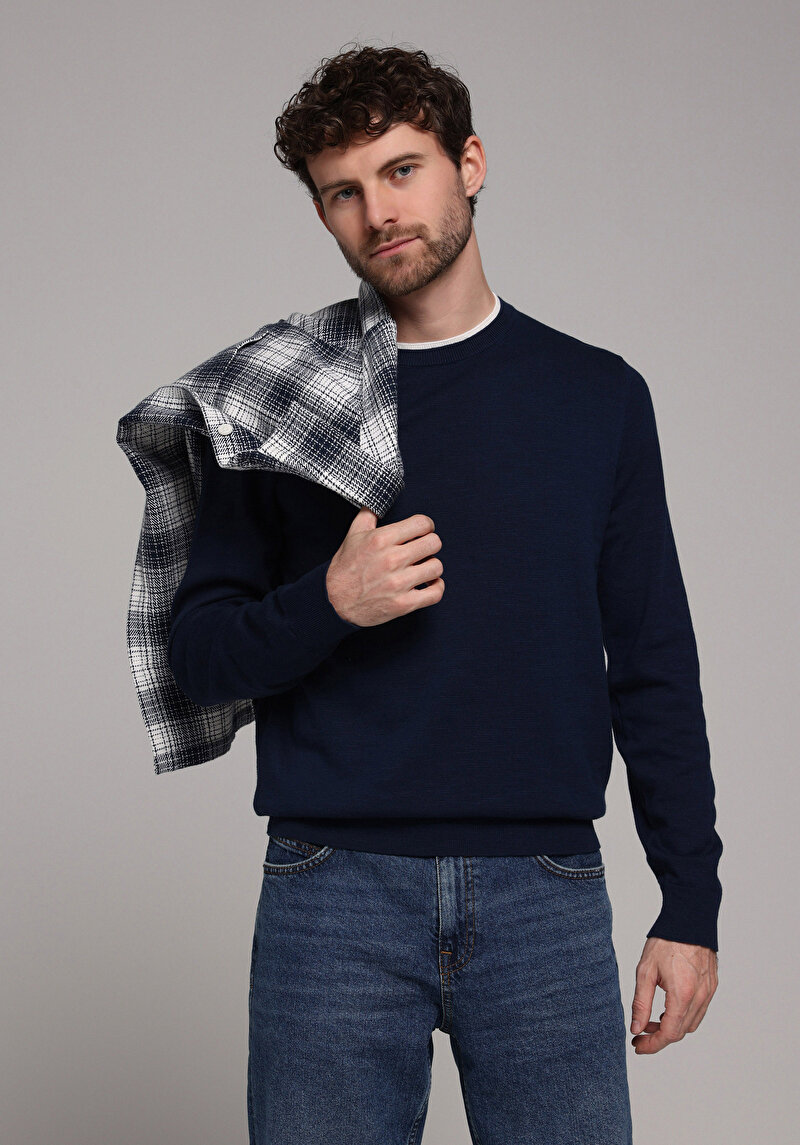 Regular Fit Yuvarlak Yaka Jakarlı Erkek Lacivert Kazak