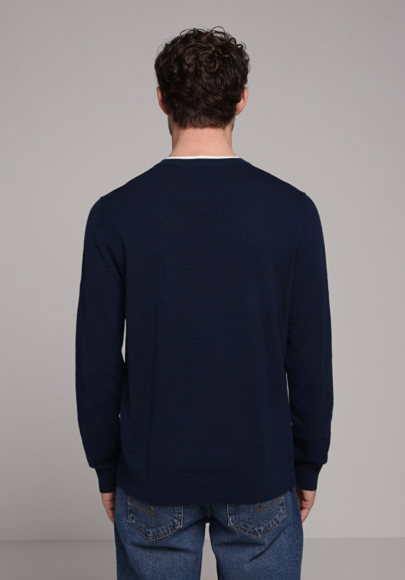 Regular Fit Yuvarlak Yaka Jakarlı Erkek Lacivert Kazak