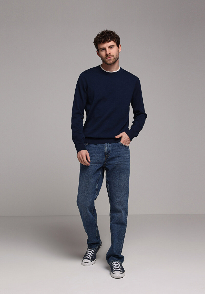Regular Fit Yuvarlak Yaka Jakarlı Erkek Lacivert Kazak