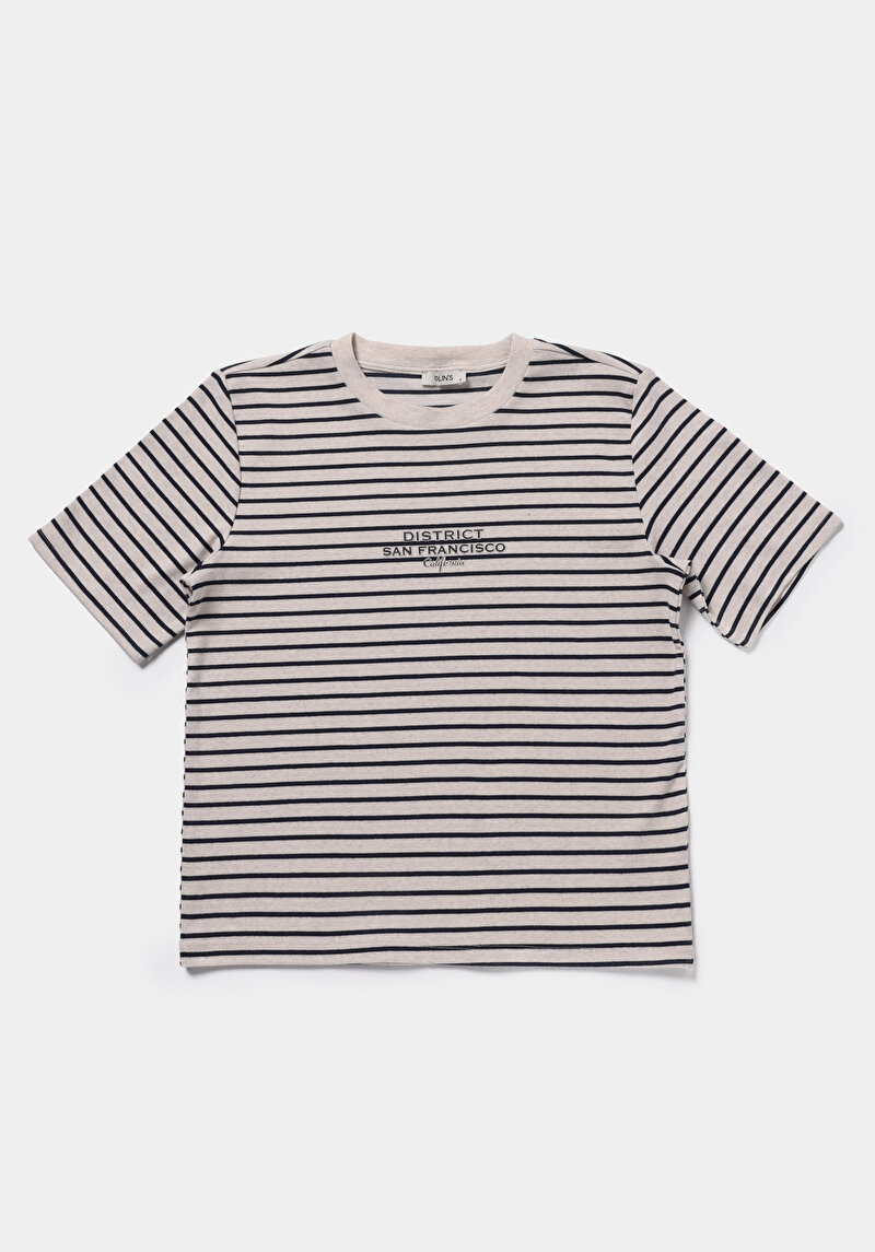 Regular Fit Yuvarlak Yaka Çizgili Kadın Bej Kısa Kol Tişört