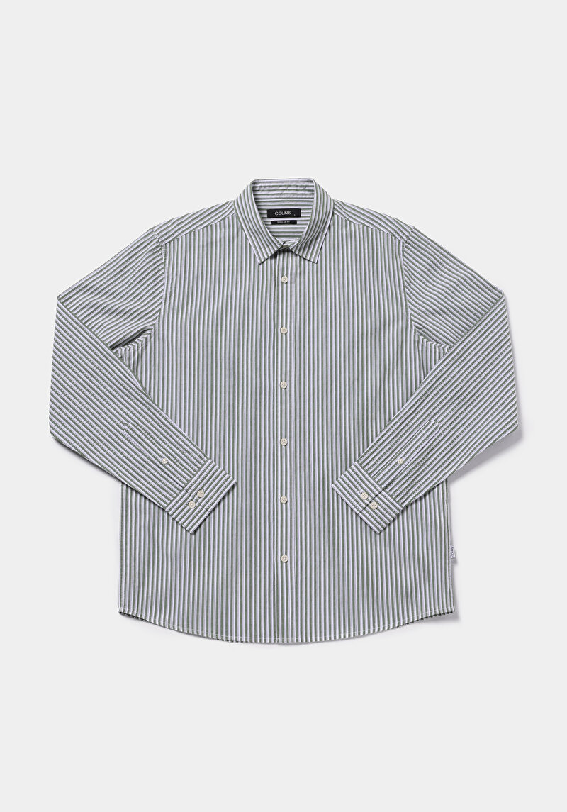 Regular Fit Shirt Neck Çizgili Erkek Yeşil Uzun Kol Gömlek