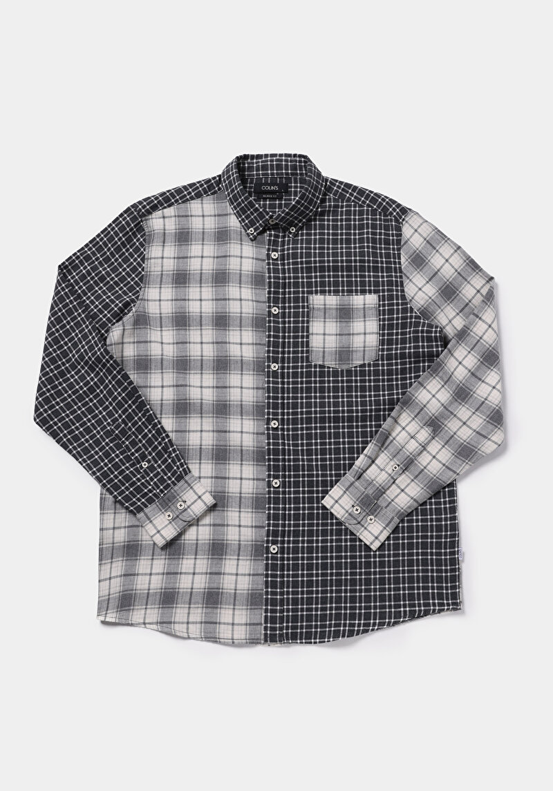 Relaxed Fit Shirt Neck Ekoseli Erkek Gri Uzun Kol Gömlek