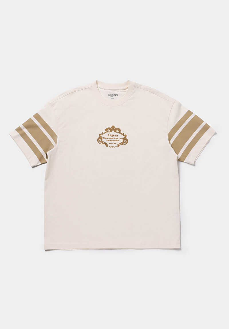 Oversize Fit Yuvarlak Yaka Düz Erkek Ekru Kısa Kol Tişört