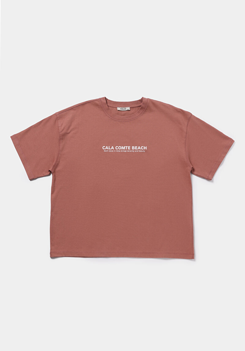 Relax Fit Yuvarlak Yaka Baskılı Kadın Pembe Kısa Kol Tişört