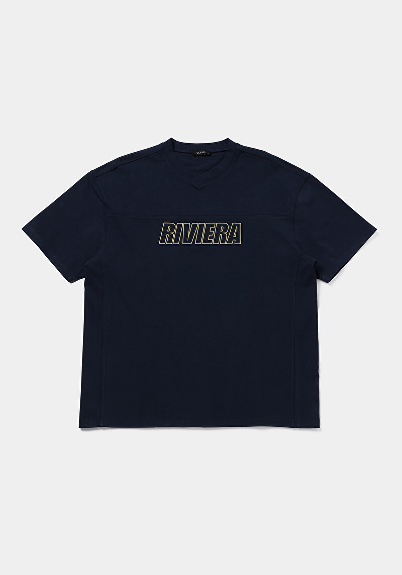 Oversize Fit V Yaka Düz Erkek Lacivert Kısa Kol Tişört